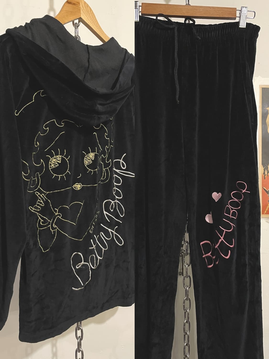 betty boop 베티붑 핑크 골드 자수 블랙 벨벳 셋업 상품이미지1