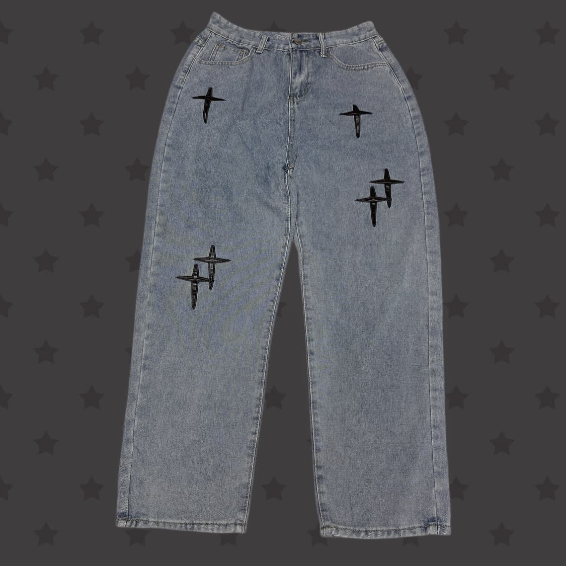 일본 빈티지 가죽 십자가 포인트 디테일 레이어드 와이드 데님 팬츠 상품이미지1