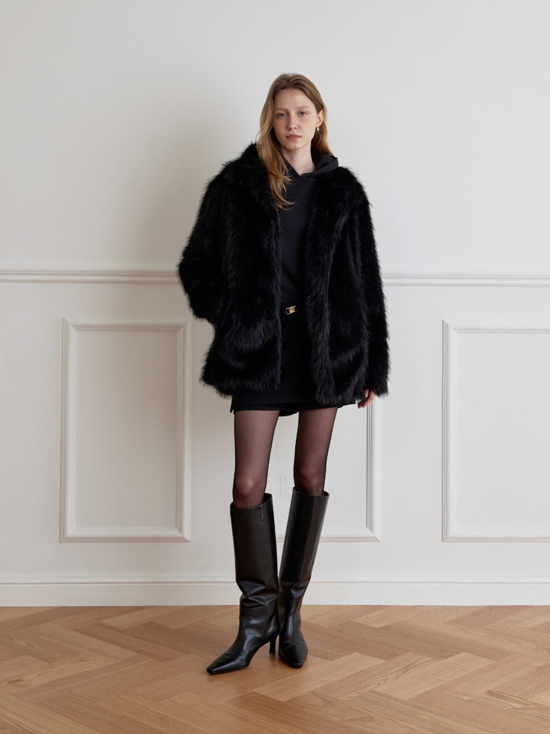 언더스탠딩 장모 무스탕 블랙 (Oversized fur jacket) 상품이미지4