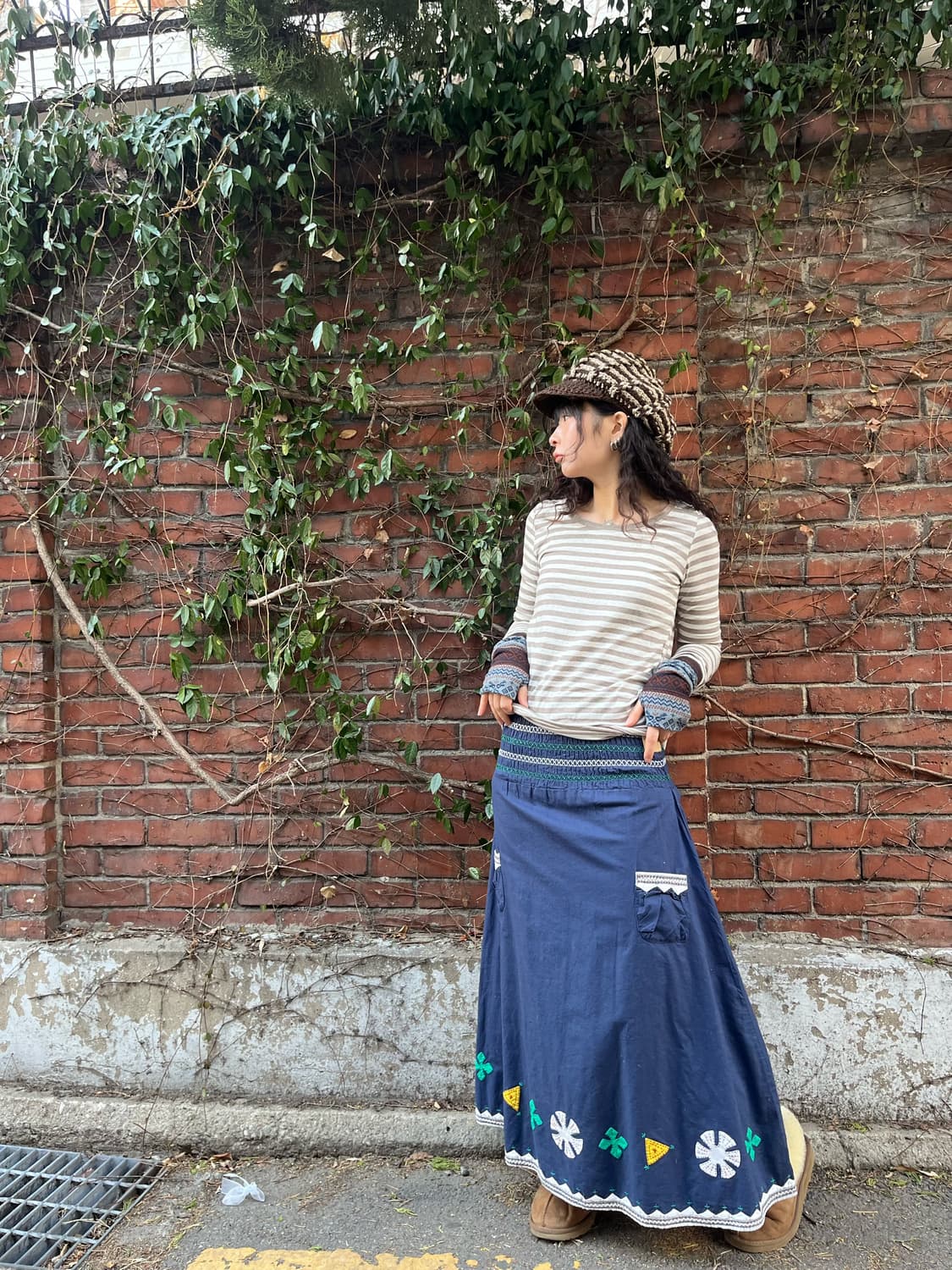 패치 포인트 블루 코튼 롱스커트 상품이미지2