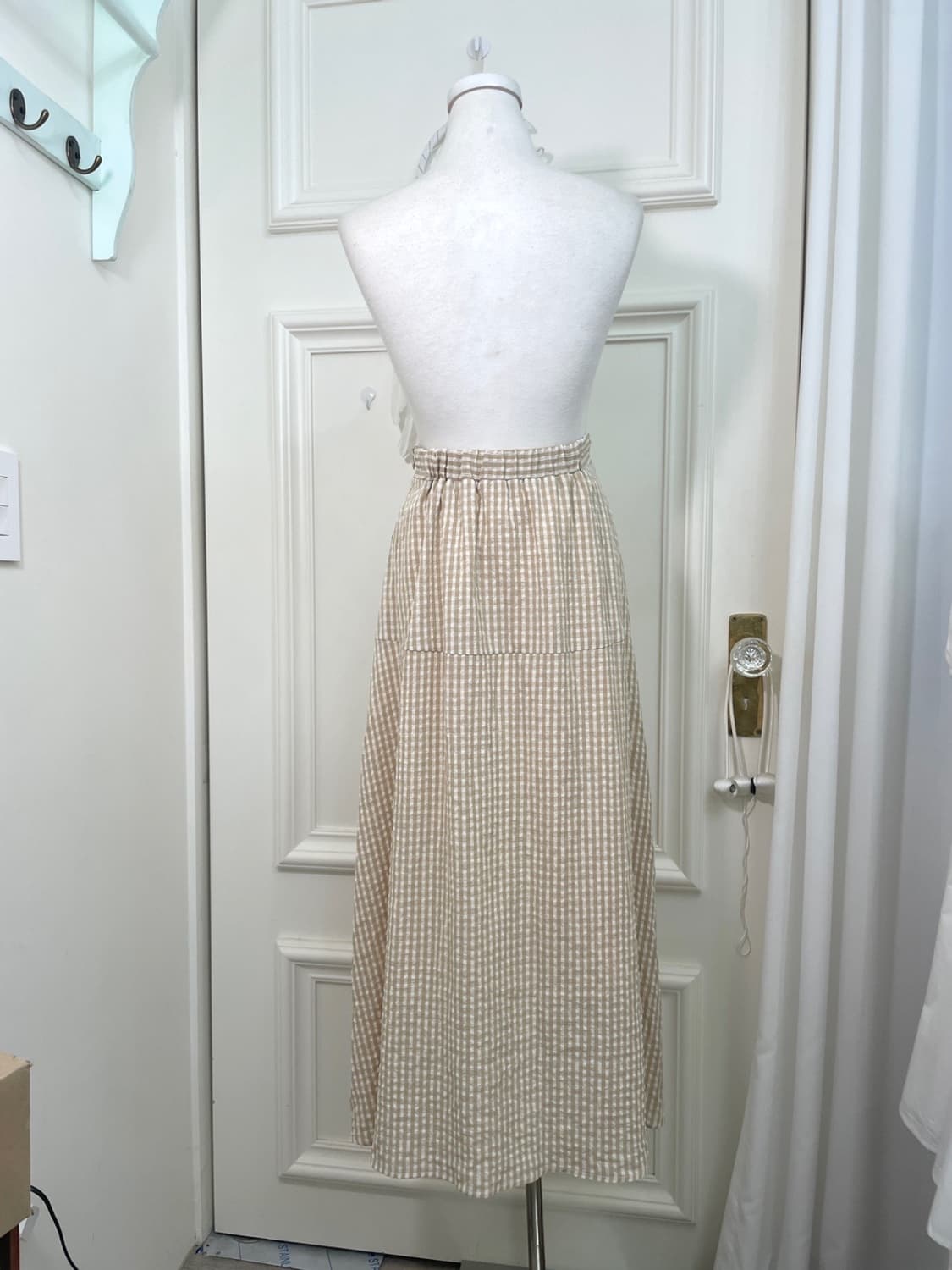 beige gingham check banding long skirt 상품이미지3