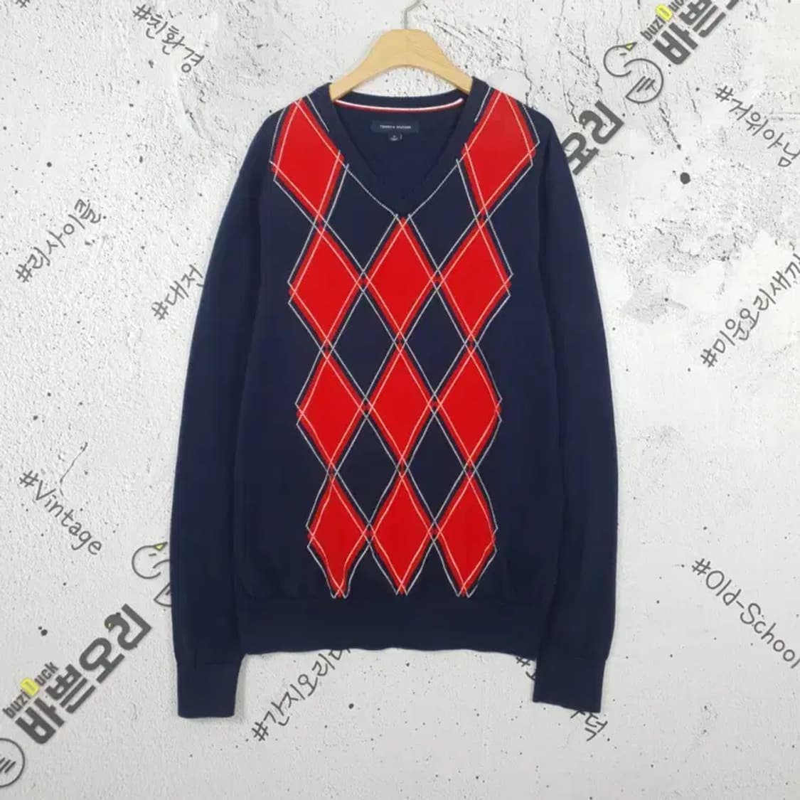 타미힐피거 TOMMY H아가일 V넥 니트 네이비 2400055 상품이미지1