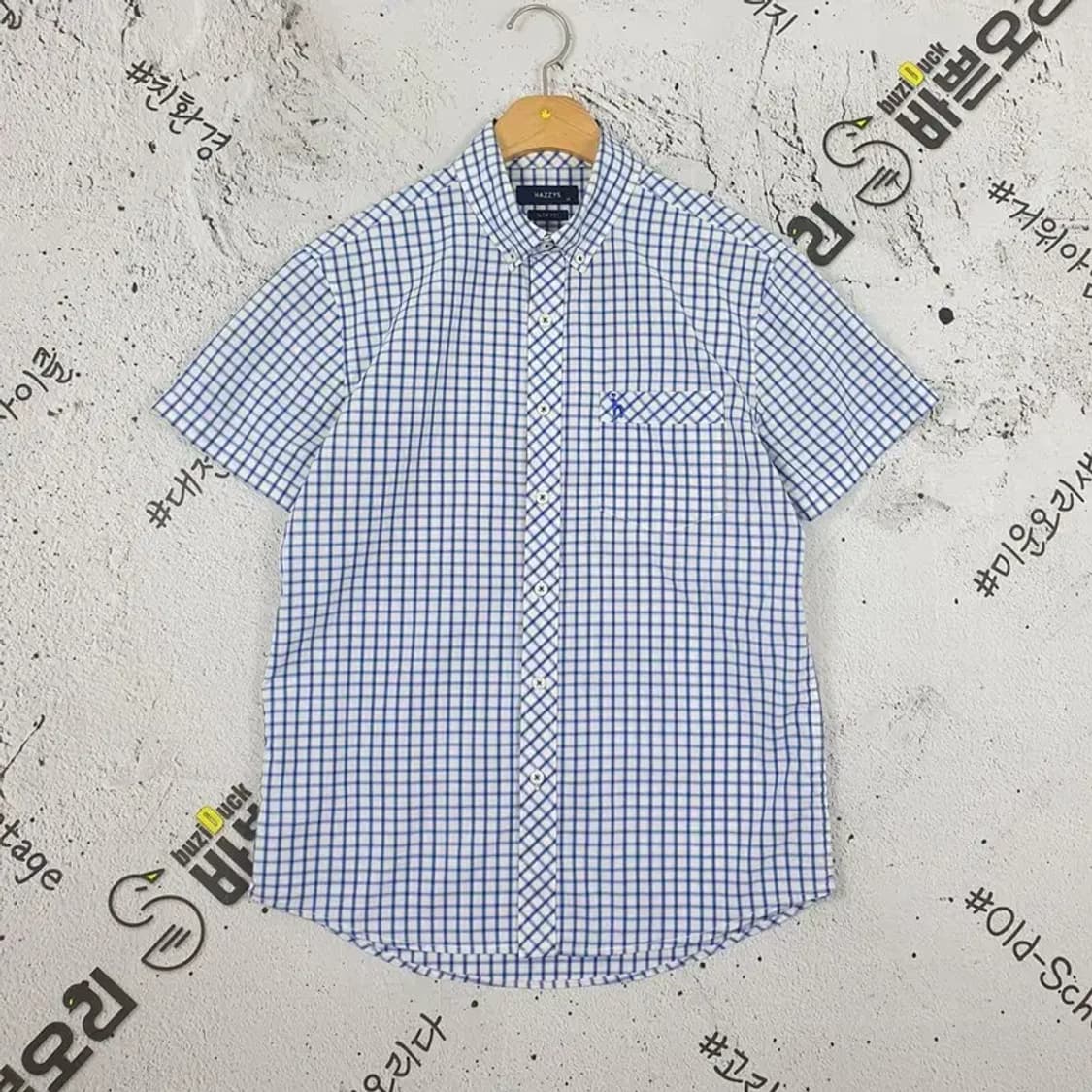 헤지스 HAZZYS 반팔 남방 셔츠 블루 윈도우페인 95 1100306 상품이미지1