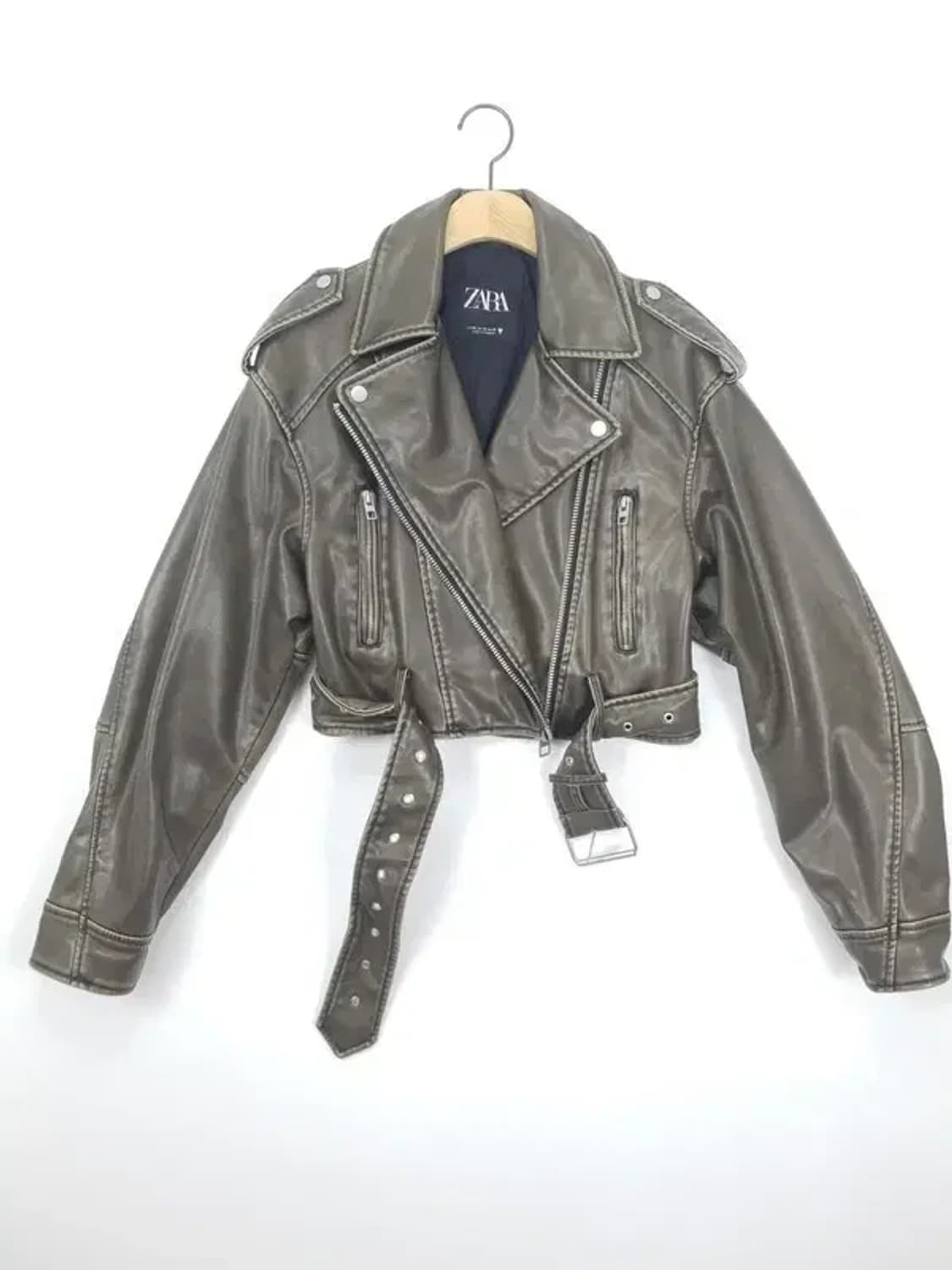 자라 ZARA 레더 크롭 바이커 자켓 오버핏 그레이 3400072 상품이미지9