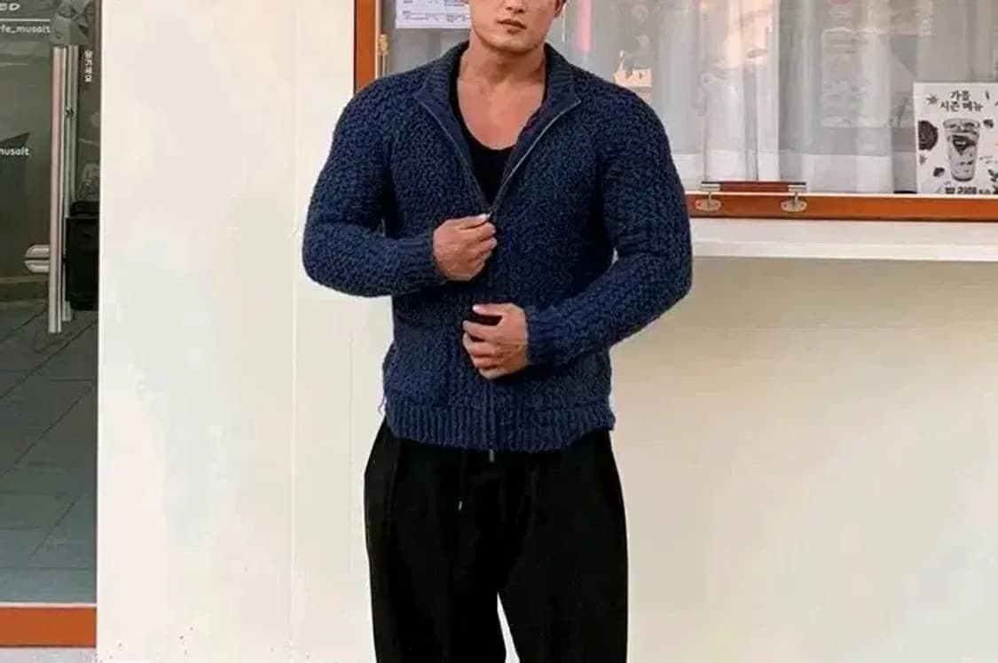 L~XL)알파카 스웨터 울 니트집업 모 하프넥 투포켓 자켓 머슬핏 슬림핏 상품이미지1