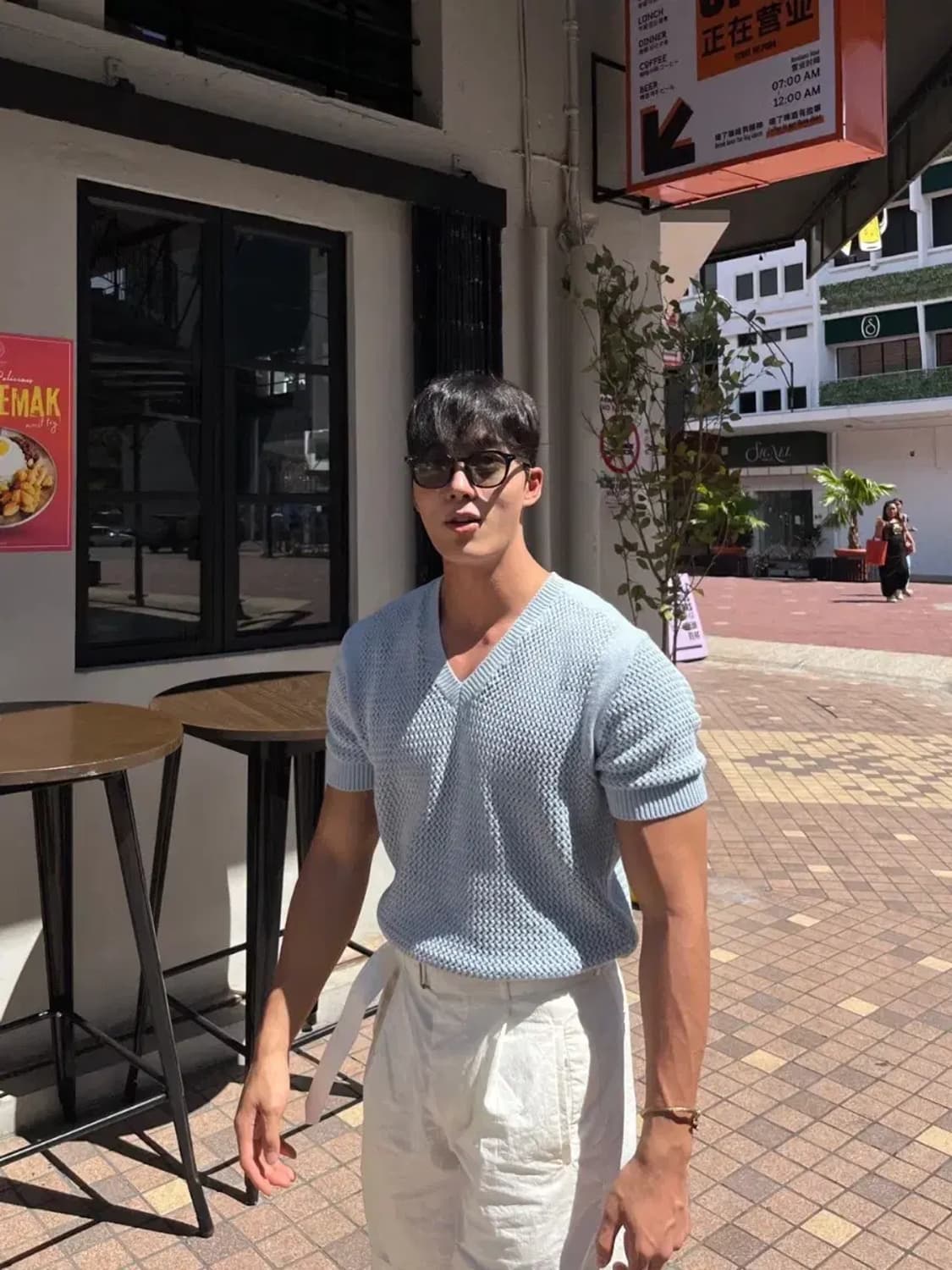 L,XL)머슬핏 브이넥 반팔 니트 골지 골덴 블랙/스카이/아이보리/그린 상품이미지3