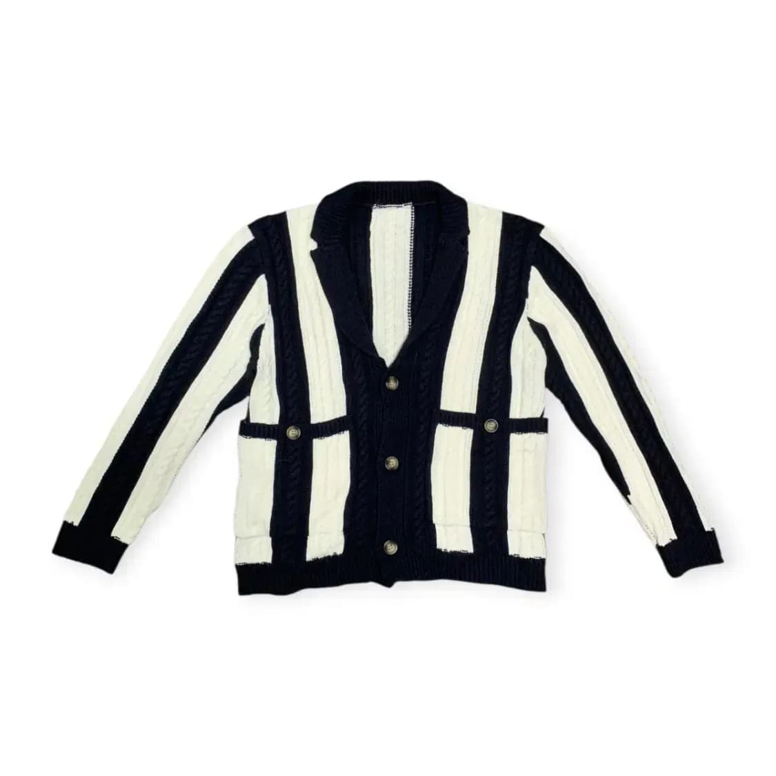 L)스트라이프 니트 가디건 블랙/화이트 단가라 스웨터 상품이미지1