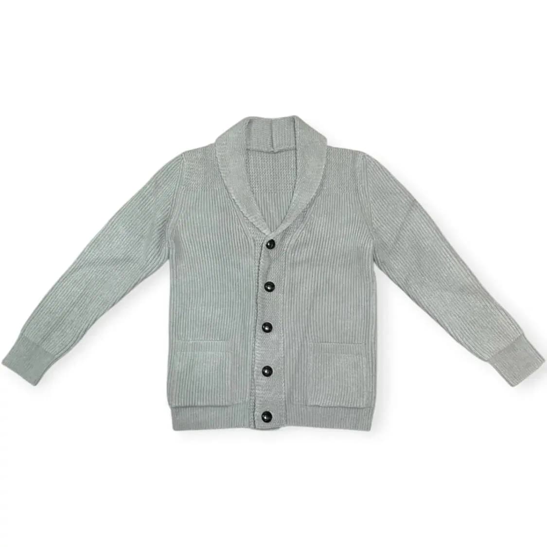 L)그레이 숄카라 가디건 그레이 회색 단추 스냅 스트라이프 패턴 울가디건 상품이미지1