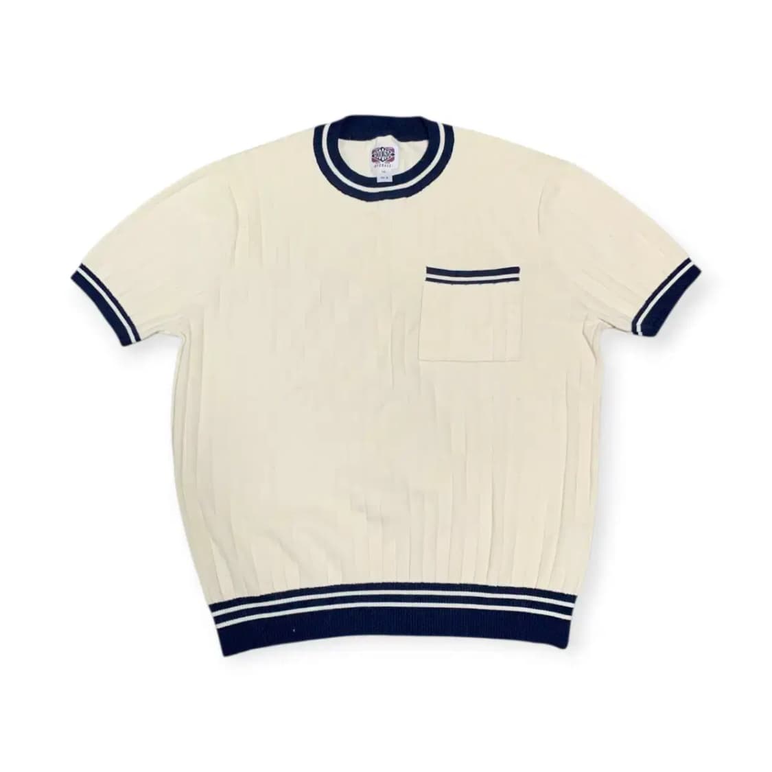 M)GDDQSDC 반팔 니트 머슬핏 티셔츠 베이지&네이비 상품이미지1