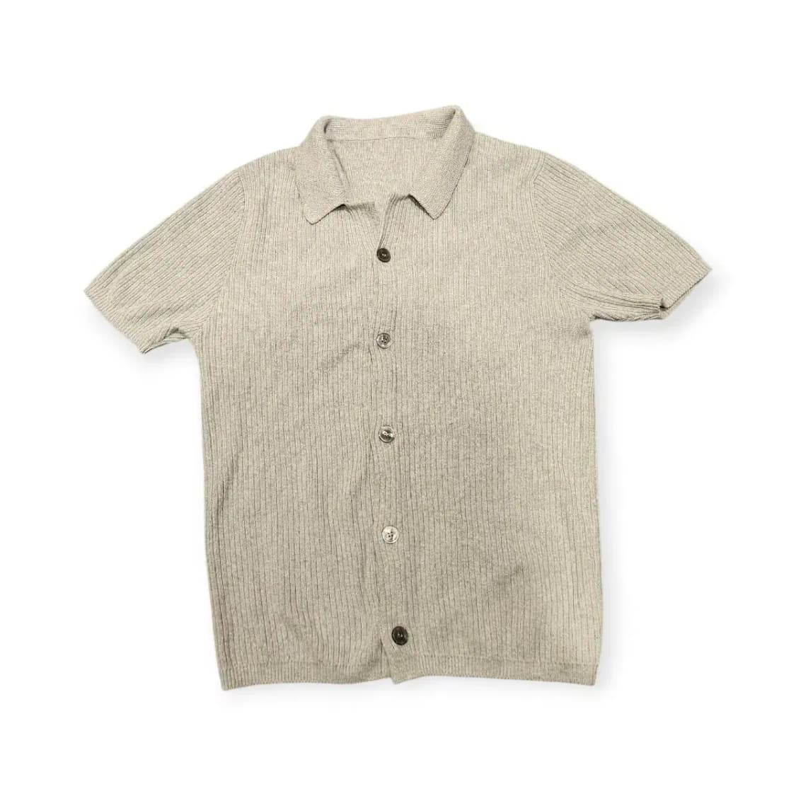 L)그레이 니트 반팔 셔츠 카라넥셔츠 회색 스트라이프 상품이미지1