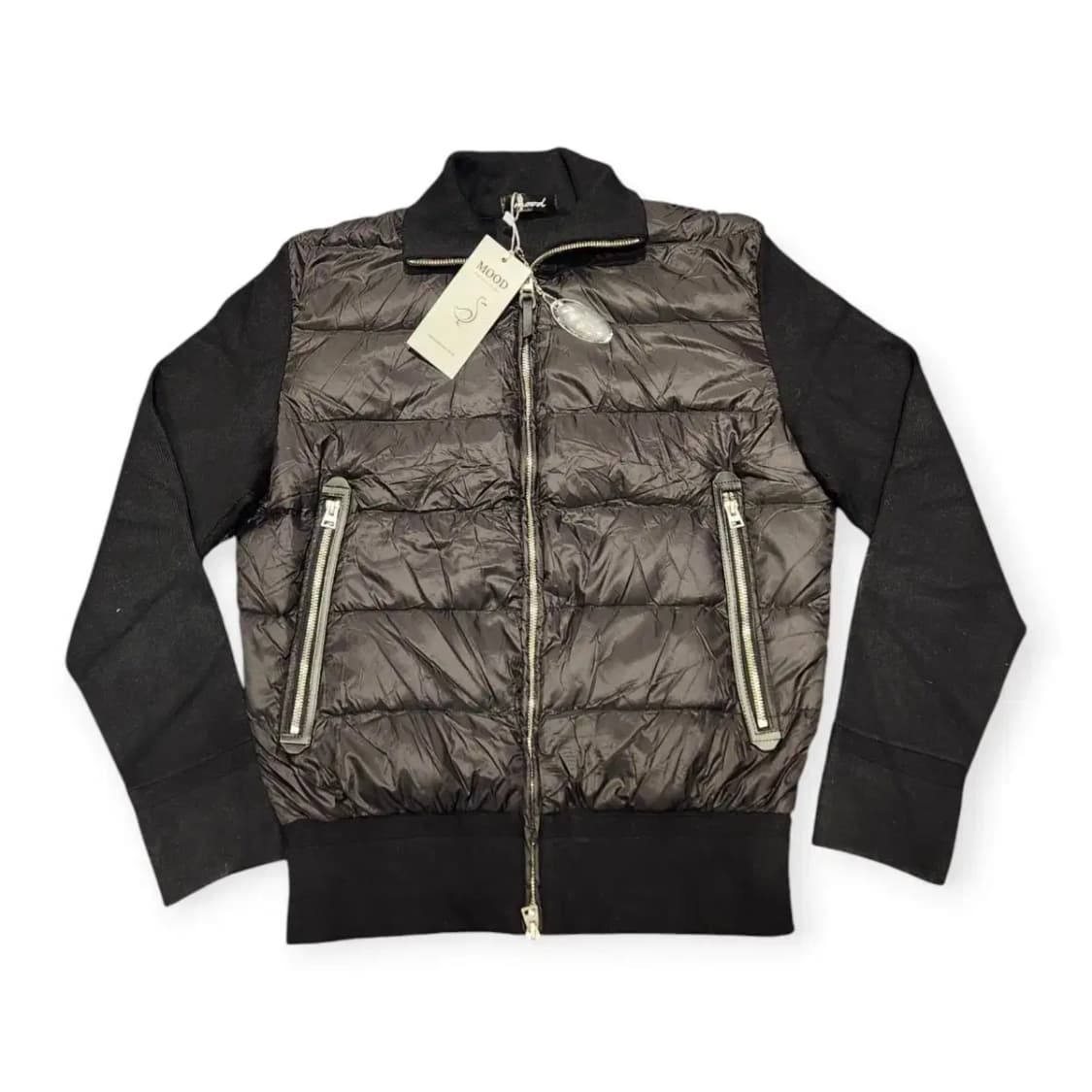 MOOD 블랙 니트 경량 패딩 배색 검정색 집업 자켓 상품이미지1
