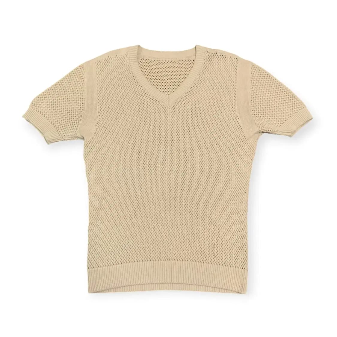 XL)MOOD 베이지 반팔 브이넥 머슬핏 니트 티셔츠 상품이미지1