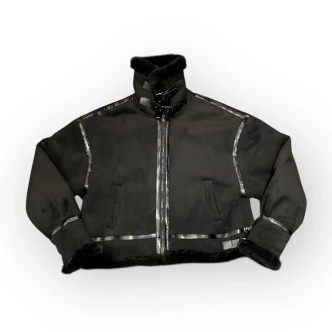 110)FLEUR 블랙 오버핏 스웨이드 숏 무스탕 퍼 자켓 가죽자웨 상품이미지1