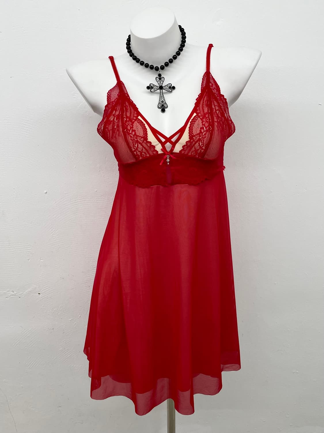 레드 자수 메쉬 슬립 상품이미지1