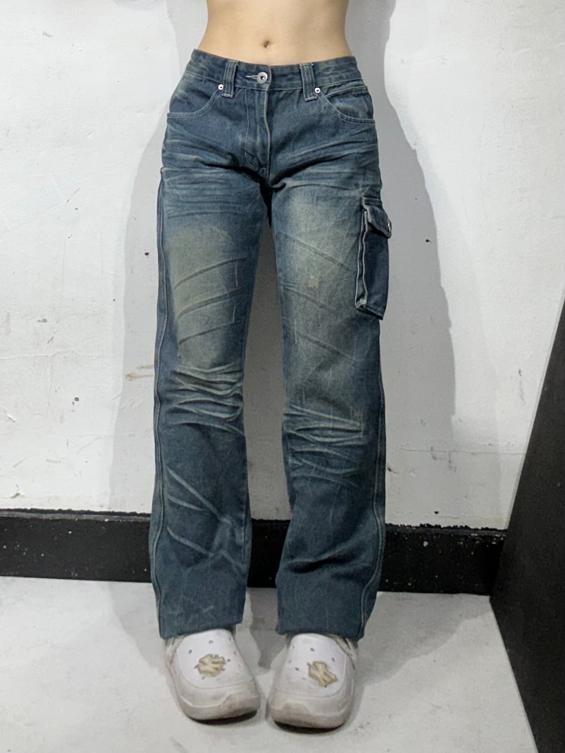 일본 빈티지 진청 워싱 새깅 와이드 데님 팬츠 L 상품이미지2