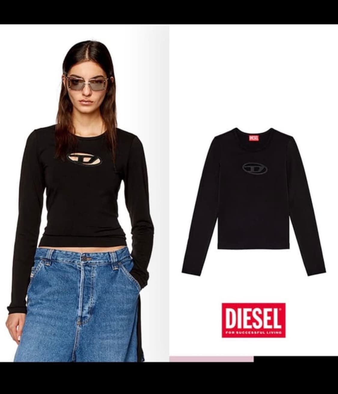 디젤 컷아웃 로고 슬리브 긴팔 티셔츠 블랙 상품이미지1