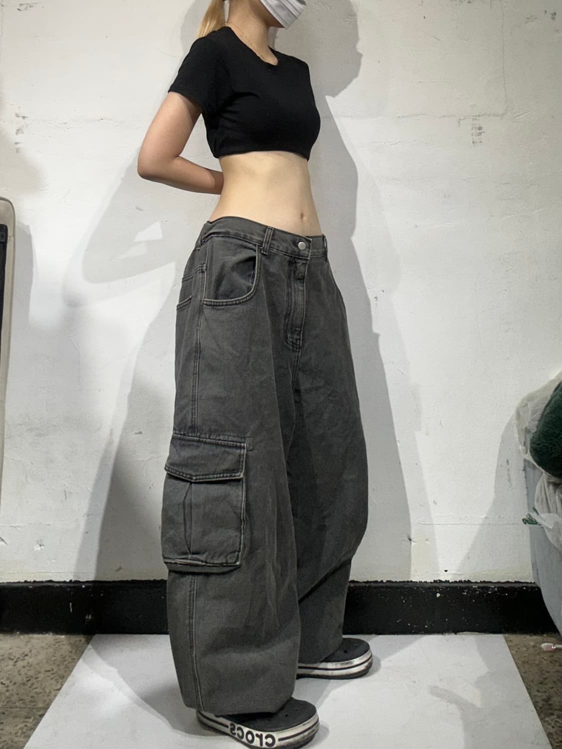 글래머 빈티지 워싱 흑청 카고 와이드 데님 팬츠  상품이미지1
