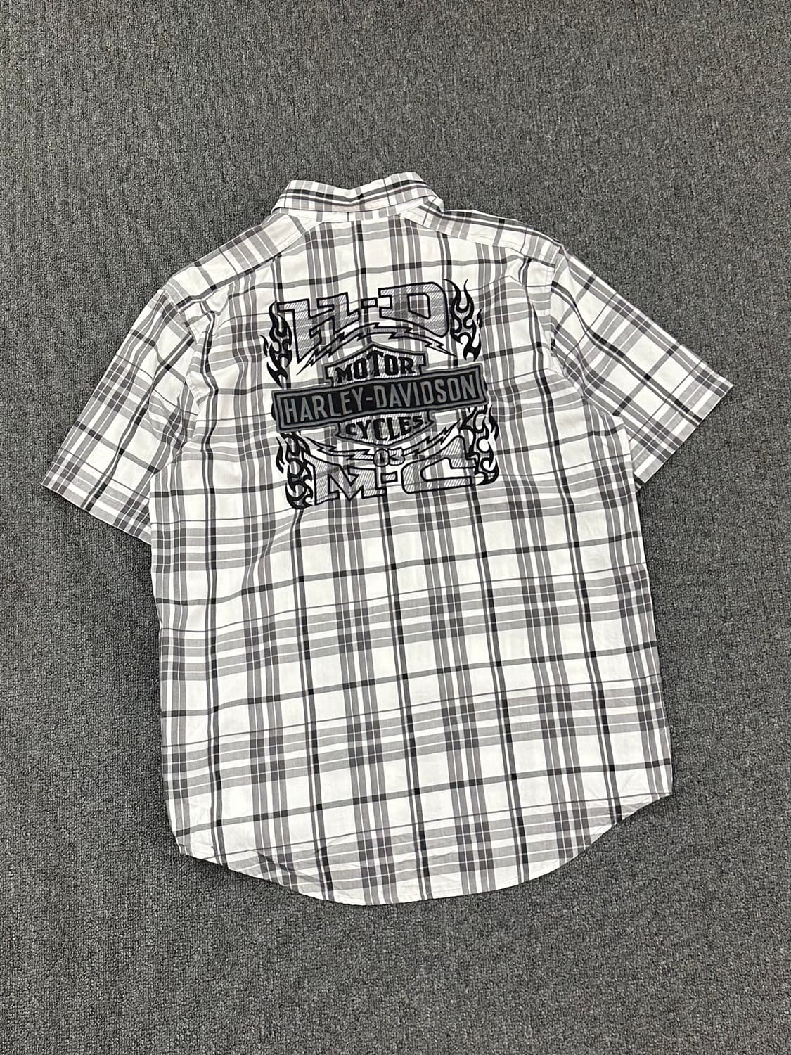 M)할리데이비슨 vintage 체크 백 자수 로고 반팔셔츠 상품이미지4