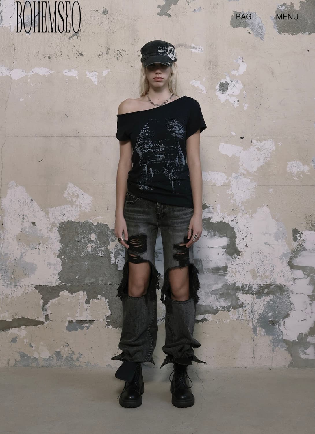 보헤미안서울 펑키 스쿱 넥 티 콘치 블랙 상품이미지1