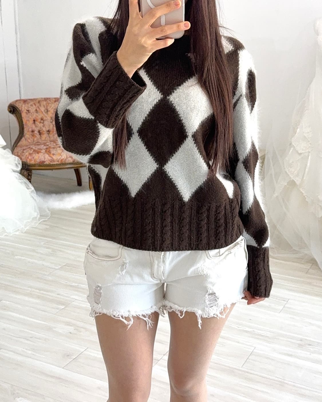 Brown diamond pattern wool knit 상품이미지2