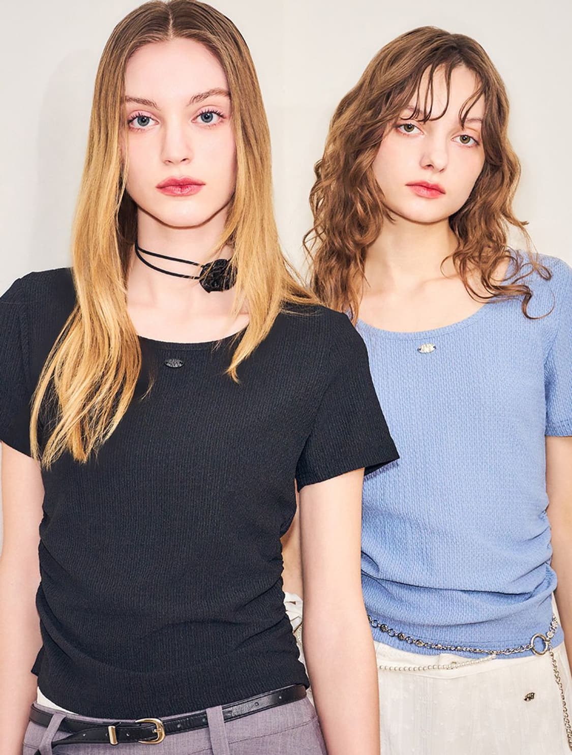 제너럴아이디어 U넥 라운드 스퀘어넥 바인딩 셔링 반팔티 블랙 상품이미지2