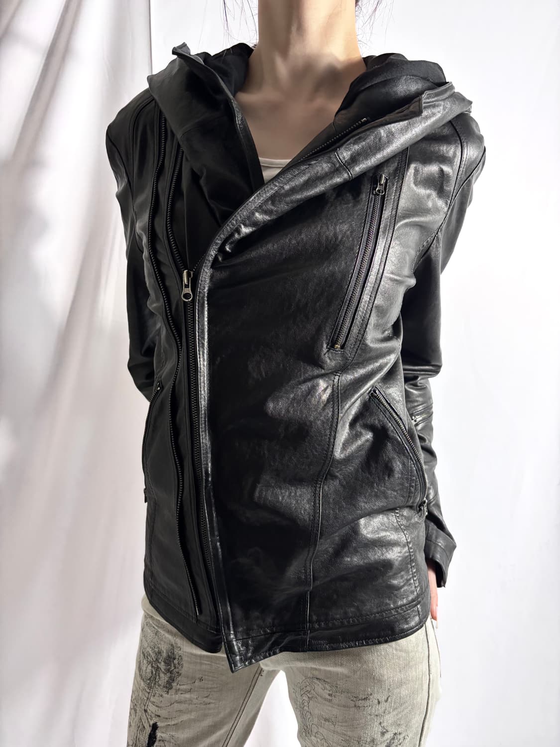 Italian Leather Sculptural Moto Jacket 상품이미지2