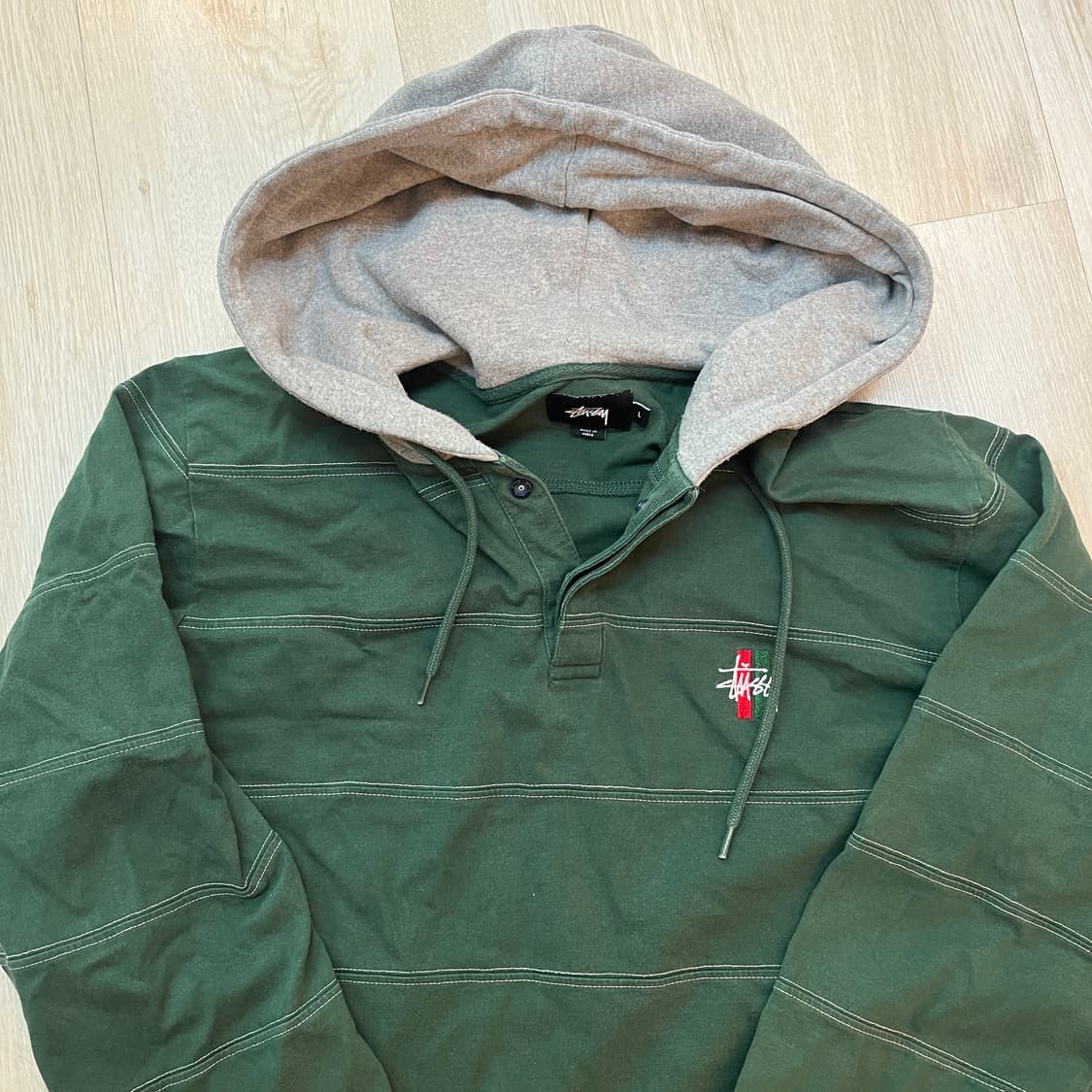 스투시 그린 스트라이프 후드 헨리넥 티셔츠 L사이즈 상품이미지2