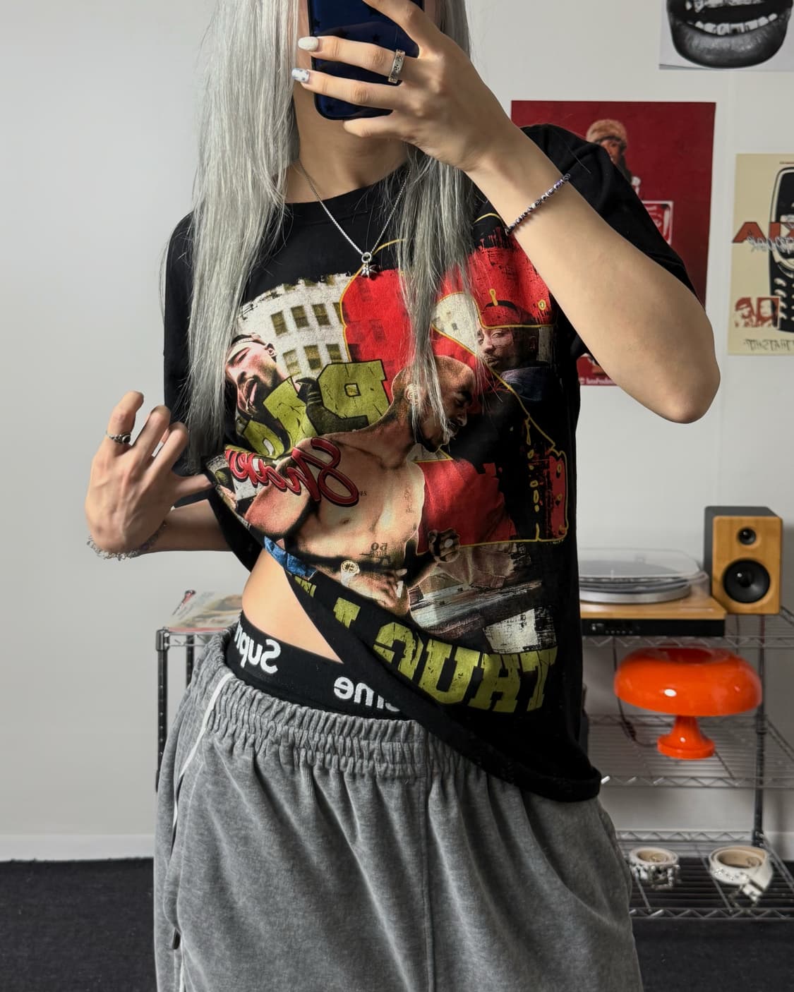 Vintage 투팍 프린트 랩 반팔 티셔츠 블랙 상품이미지1