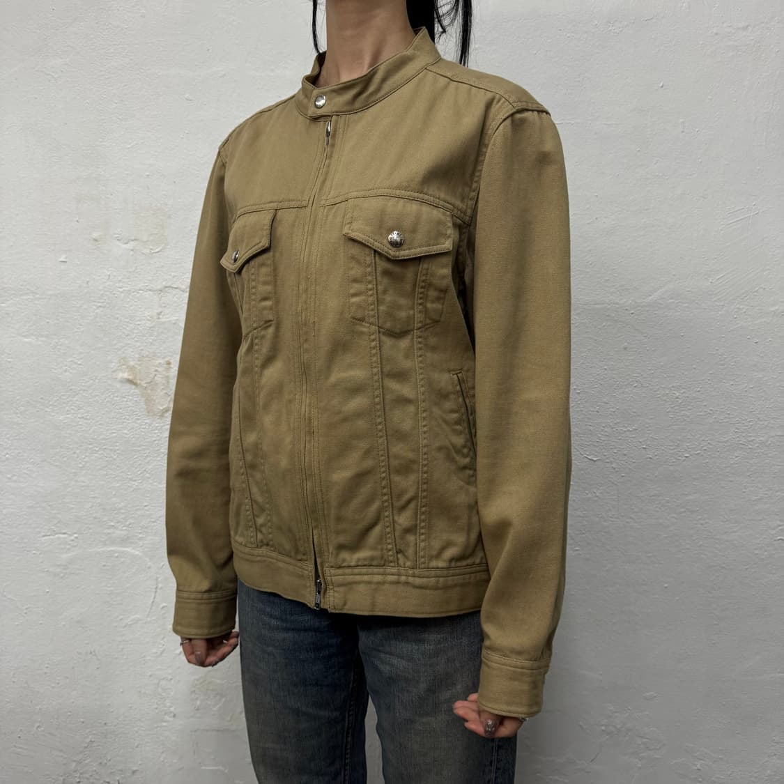 빔즈(BEAMS) 베이지컬러 코튼 더블 집업 밴드 칼라 자켓 상품이미지1