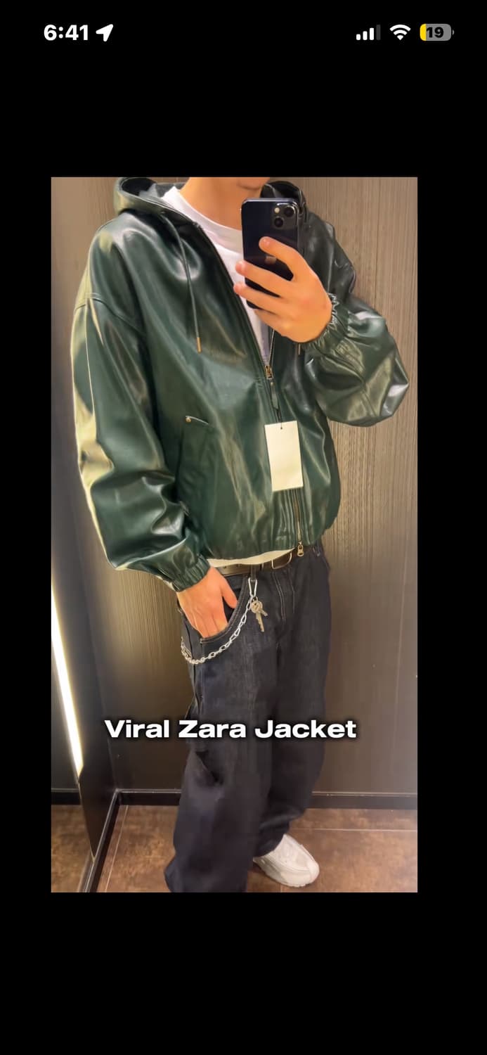 Zara 가죽 후드 자켓 다크크린 상품이미지5