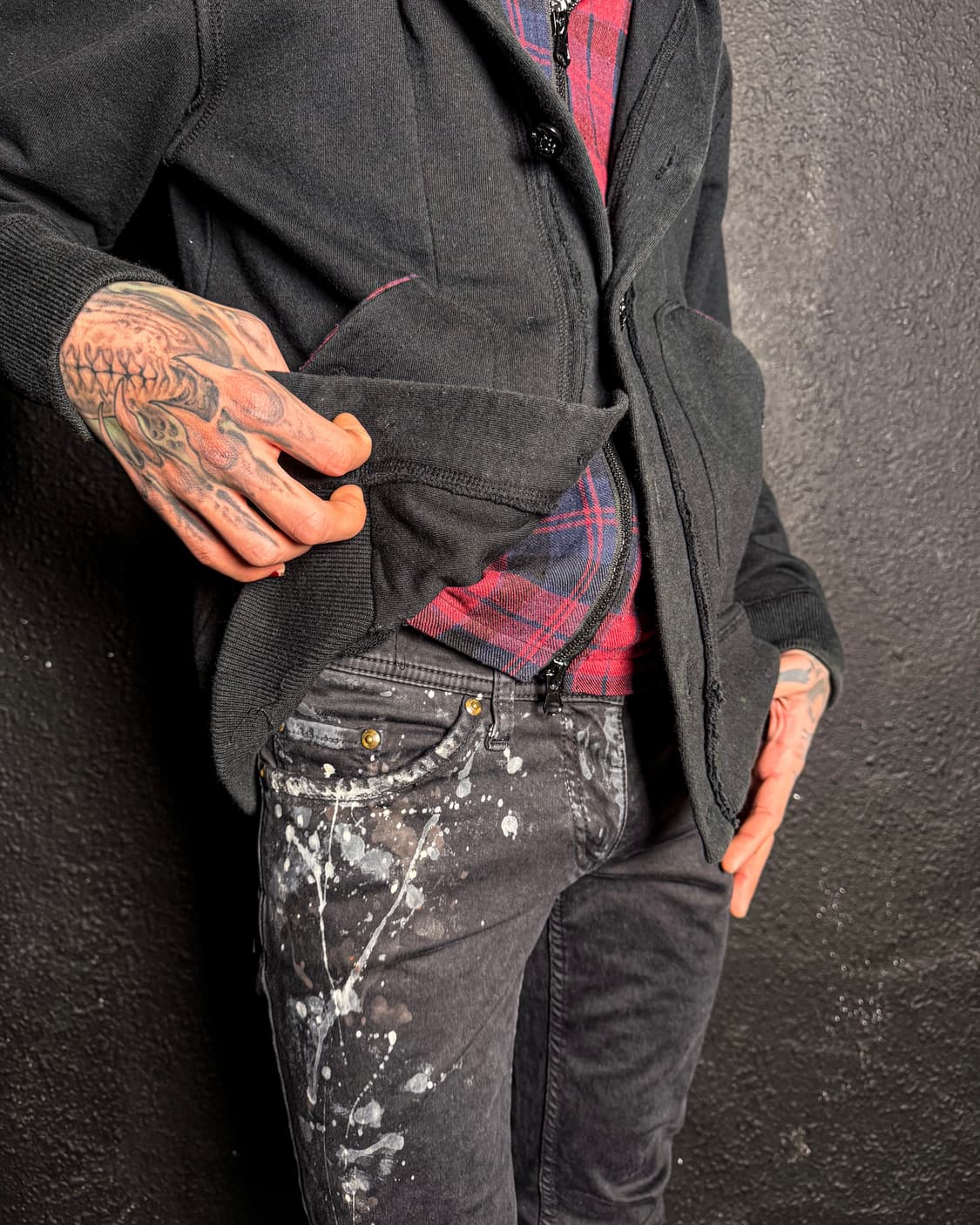 Roen - Check & Black Layered Hooded Zip- 상품이미지4