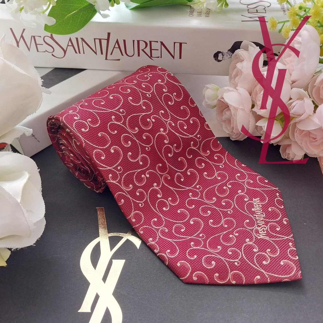 입생로랑 실크 와인 자카드 패턴 넥타이 9.5cm A+등급 K1950 상품이미지1