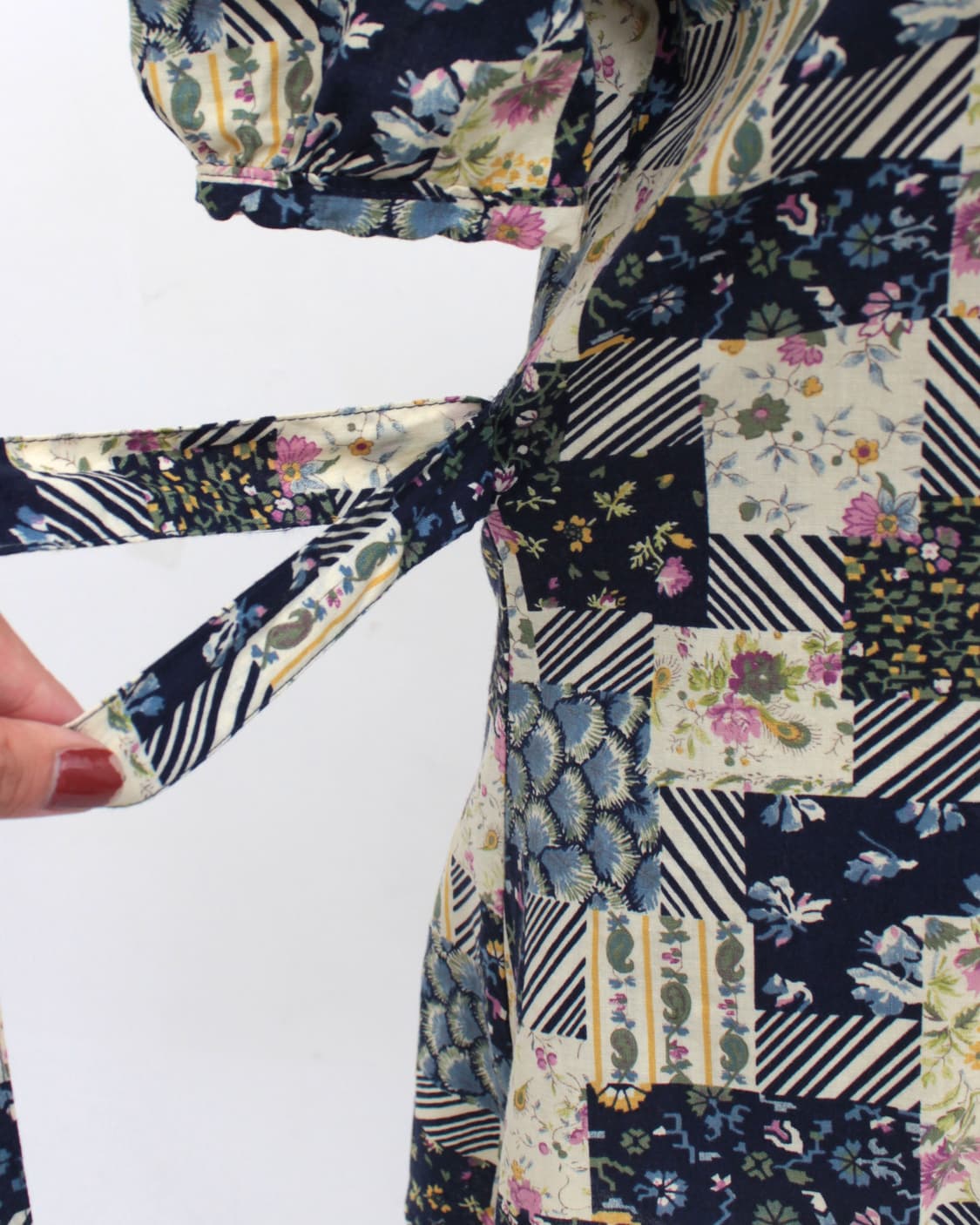 유럽 빈티지 프랑스 플라워 네이비 패치워크 스트랩 코튼 블라우스 상품이미지7