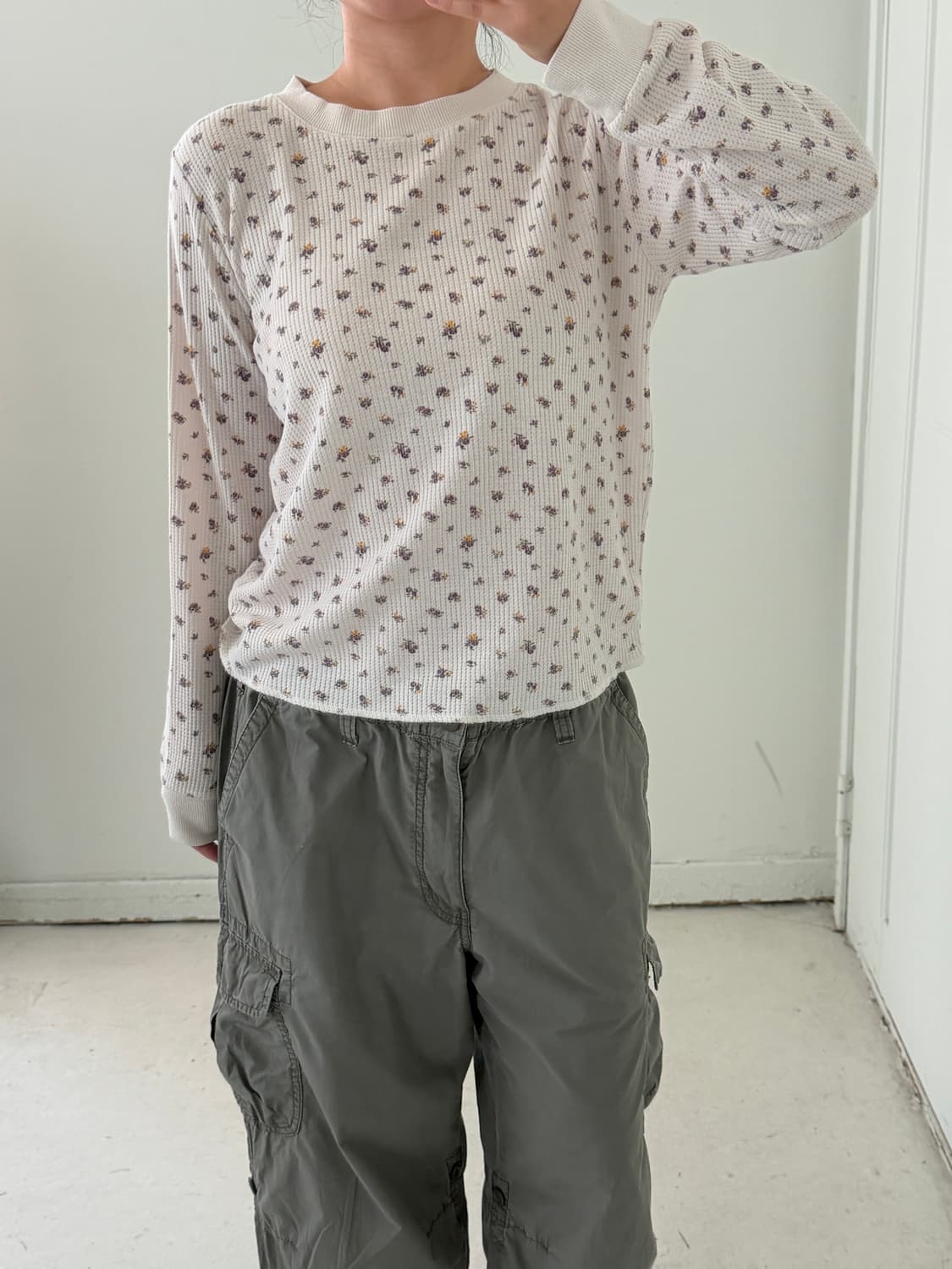 일본빈티지 플라워 와플 롱슬리브 상품이미지2