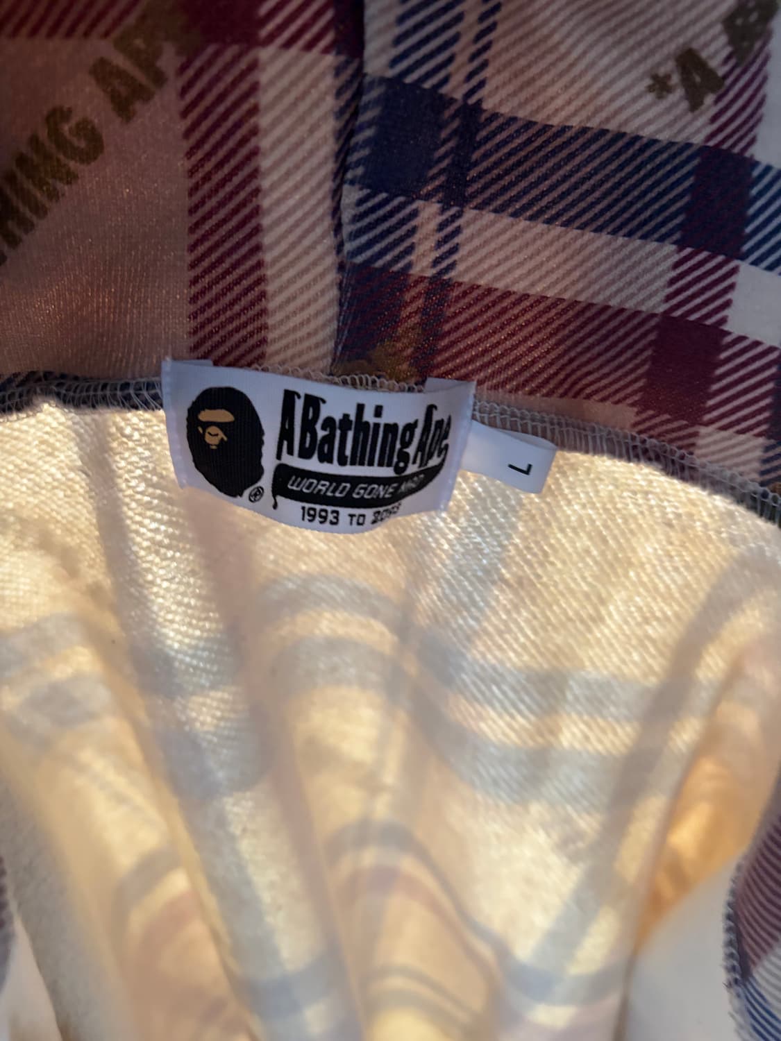 베이프 로고 체크 패턴 샤크 풀 집 후드 베이지 상품이미지3