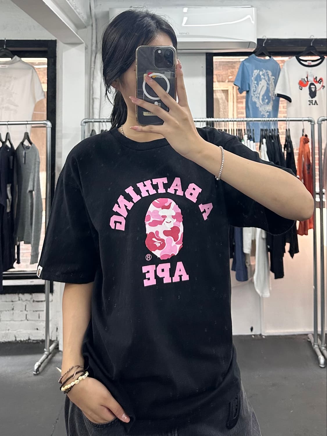 베이프 핑크 카모 컬리지 티셔츠 상품이미지4
