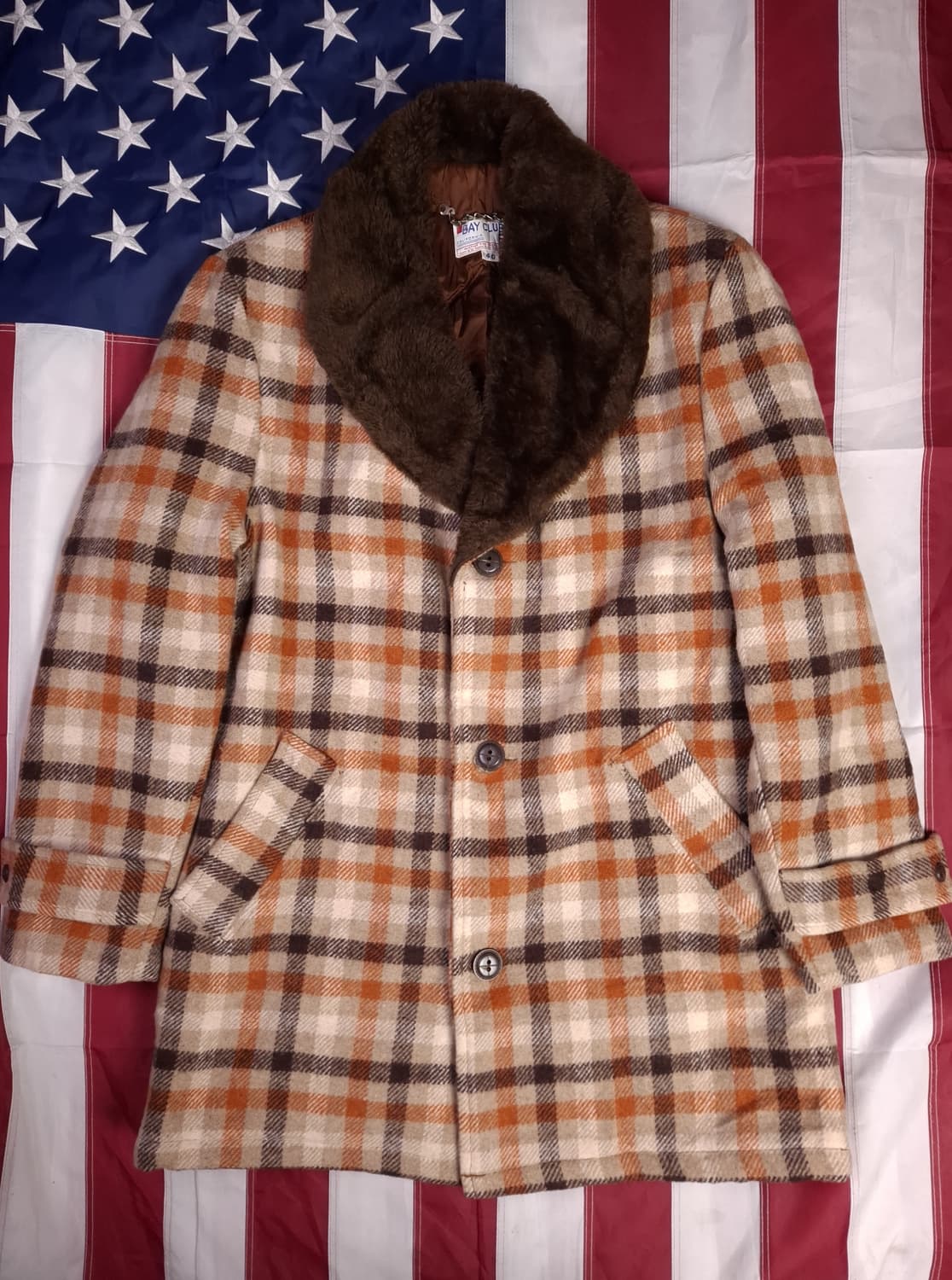 새제품 70's BAY CLUB 빈티지 울 체크 퍼 반코트 상품이미지1