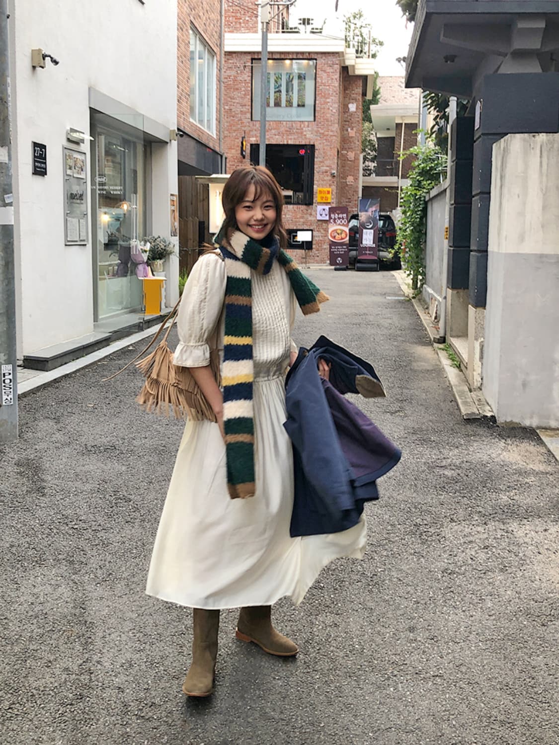 프롬비기닝 배색 니트 머플러 그린 상품이미지2