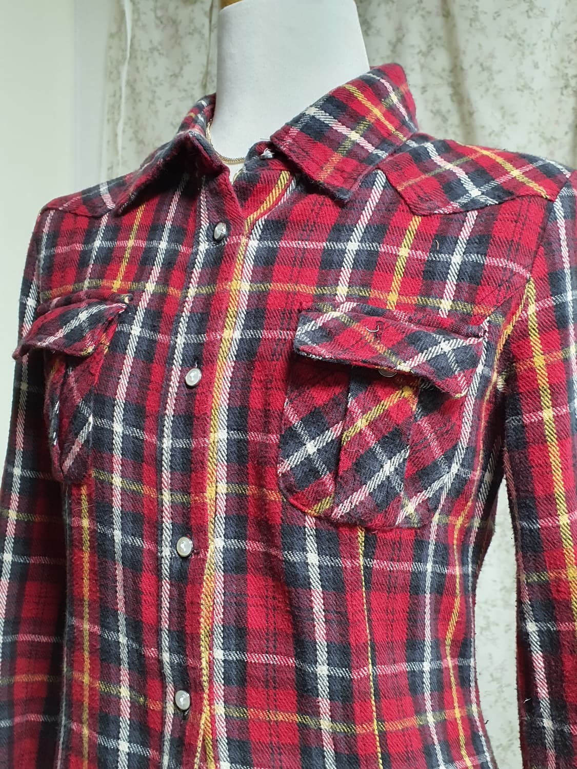 [일본빈티지] 캐캐체 아무깔 레드 체크 프릴 롱 셔츠 원피스 상품이미지3