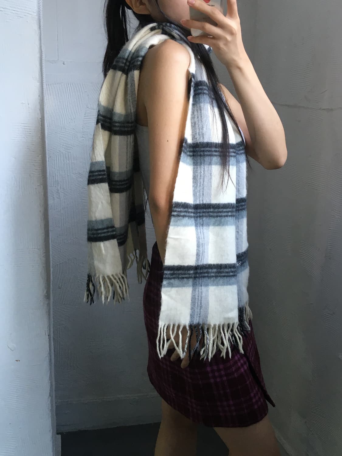 Courreges 꾸레쥬 아이보리-블루 체크 머플러  상품이미지2