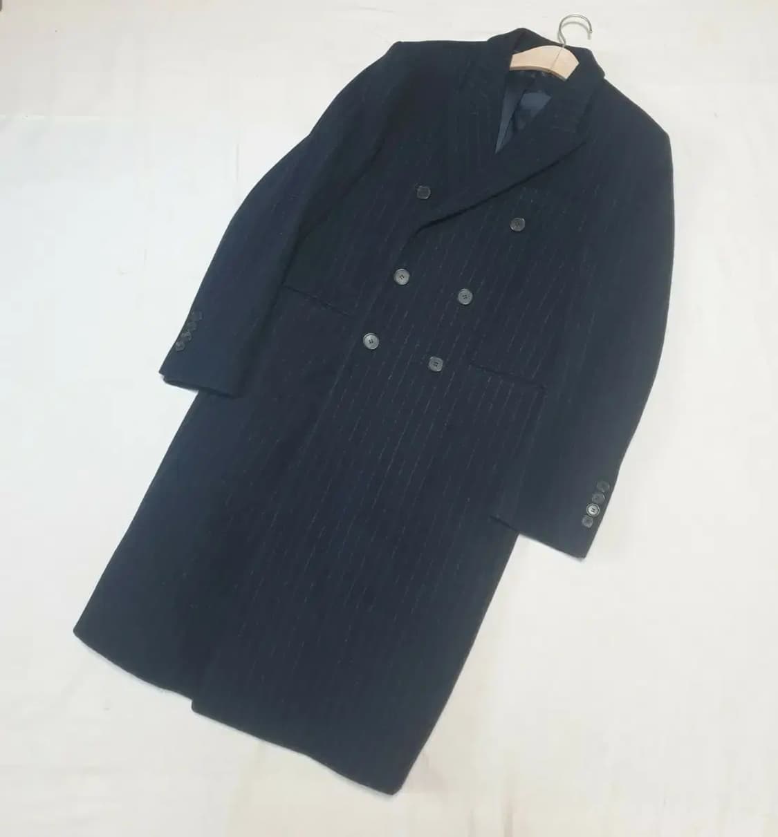 마마가리 네이비 스트라이프 롱 더블 코트 상품이미지1