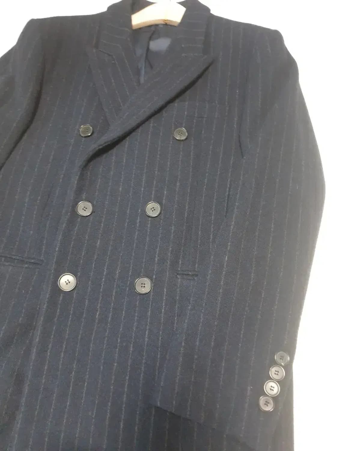 마마가리 네이비 스트라이프 롱 더블 코트 상품이미지2