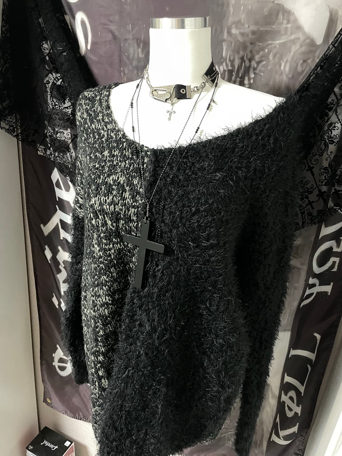 JPN 그런지 트리밍 오프숄더 루즈핏 니트 고딕고스펑크오네갸루다크웨어 상품이미지3