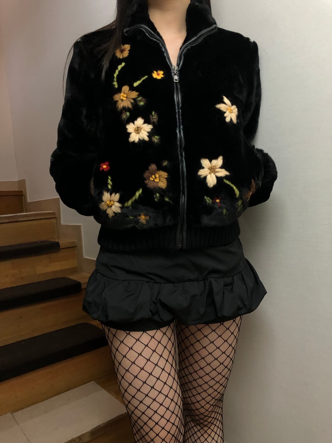 빈티지 ozoc 플라워 자수 에코 퍼 집업 상품이미지2