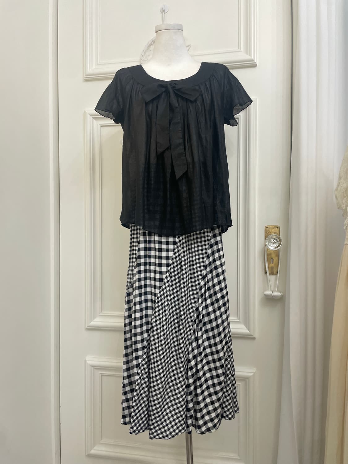 black bow point shirring summer blouse 상품이미지2