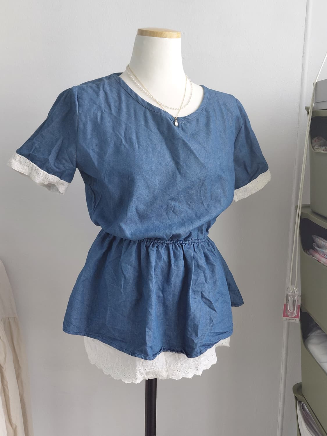 [빈티지] 청 데님 레이스 반팔 블라우스 상품이미지1
