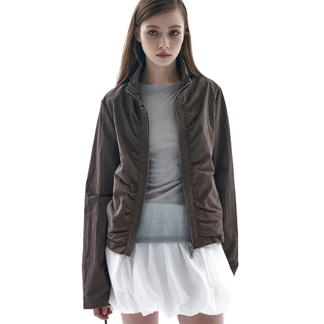 플레이스 스튜디오 셔링 하이넥 크롭 투웨이 스트링 집업 자켓 브라운 상품이미지1