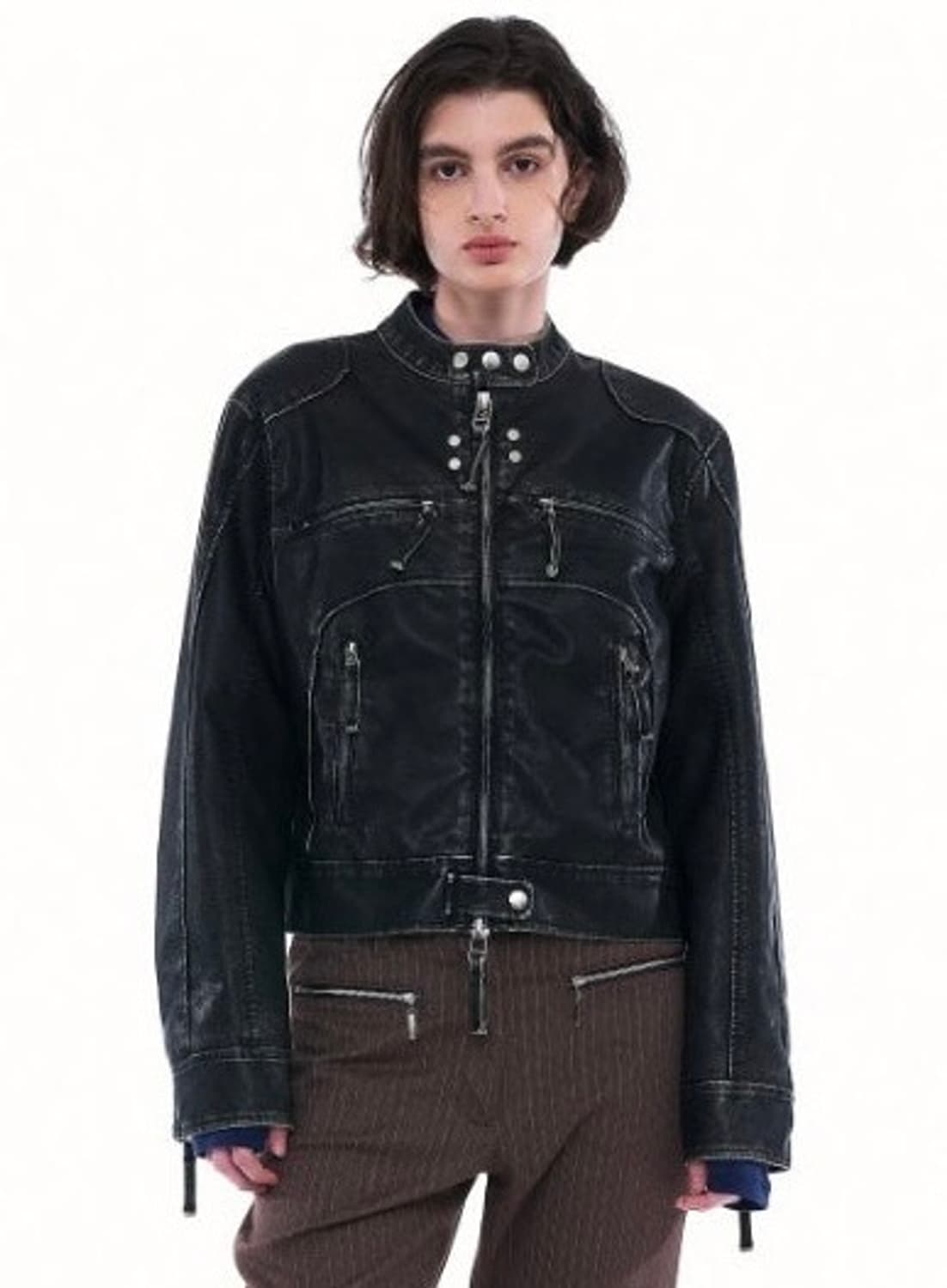 파르티멘토 우먼 위시드 레더 바이크 자켓 블랙 상품이미지2