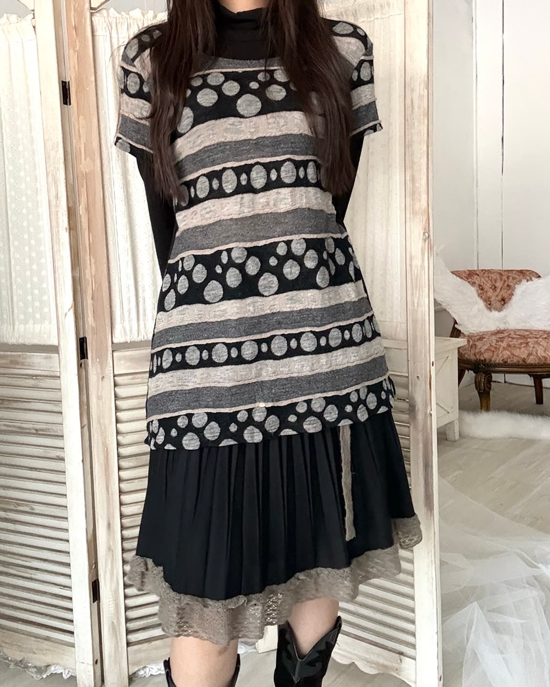 Dot stripe layered knit top 상품이미지8