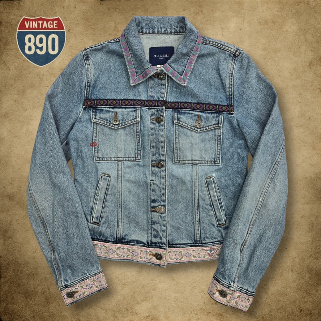 [90] GUESS 90s 빈티지 게스 아즈텍 패턴 청자켓 상품이미지1